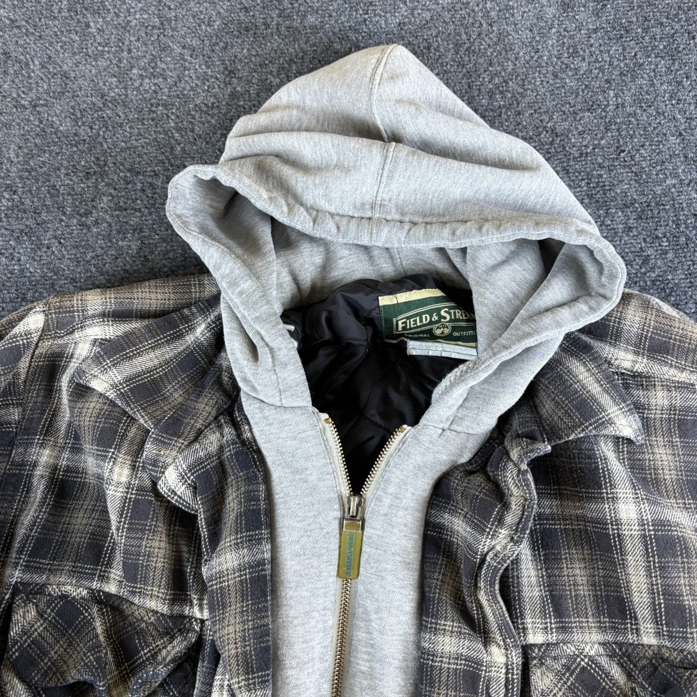 Field & Stream Shacket Mens Brown Gray Plaid Cotton Flannel Hooded Full Zip